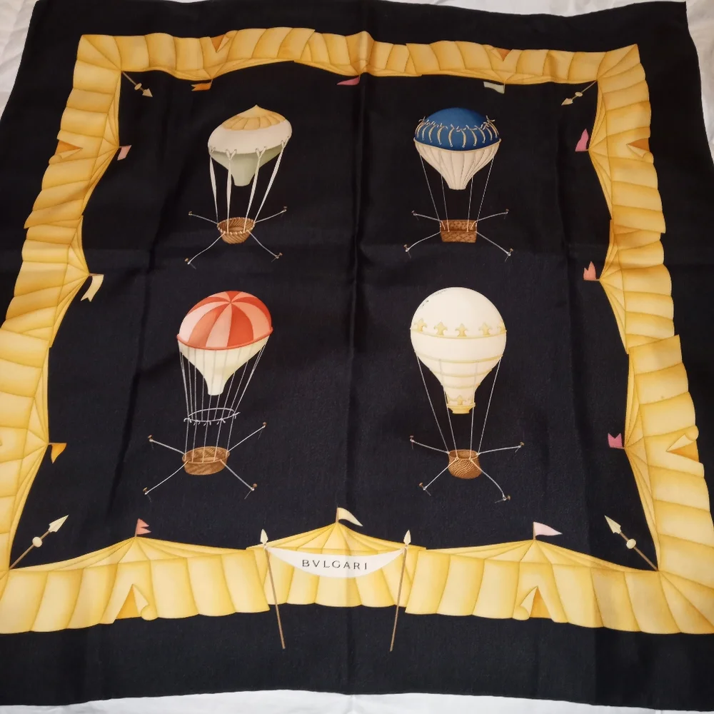 Bulgari Black Silk Scarf with Yellow Border and Multicolor Hot Air Balloons
